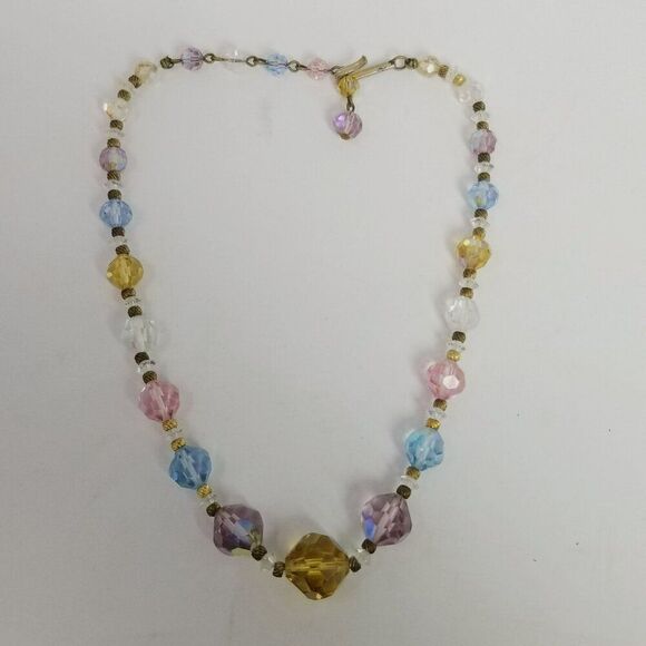 Vintage Colorful Glass Beaded Necklace, Pastel Rainbow Faceted Beads, 14 Inches - Picture 8 of 8